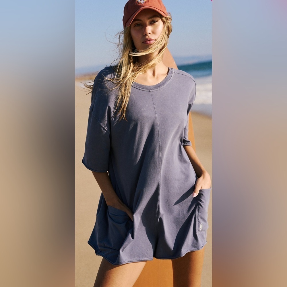 FP Movement Free People Tee Tshirt Hotshot Romper Blue with flaw NWOT XS